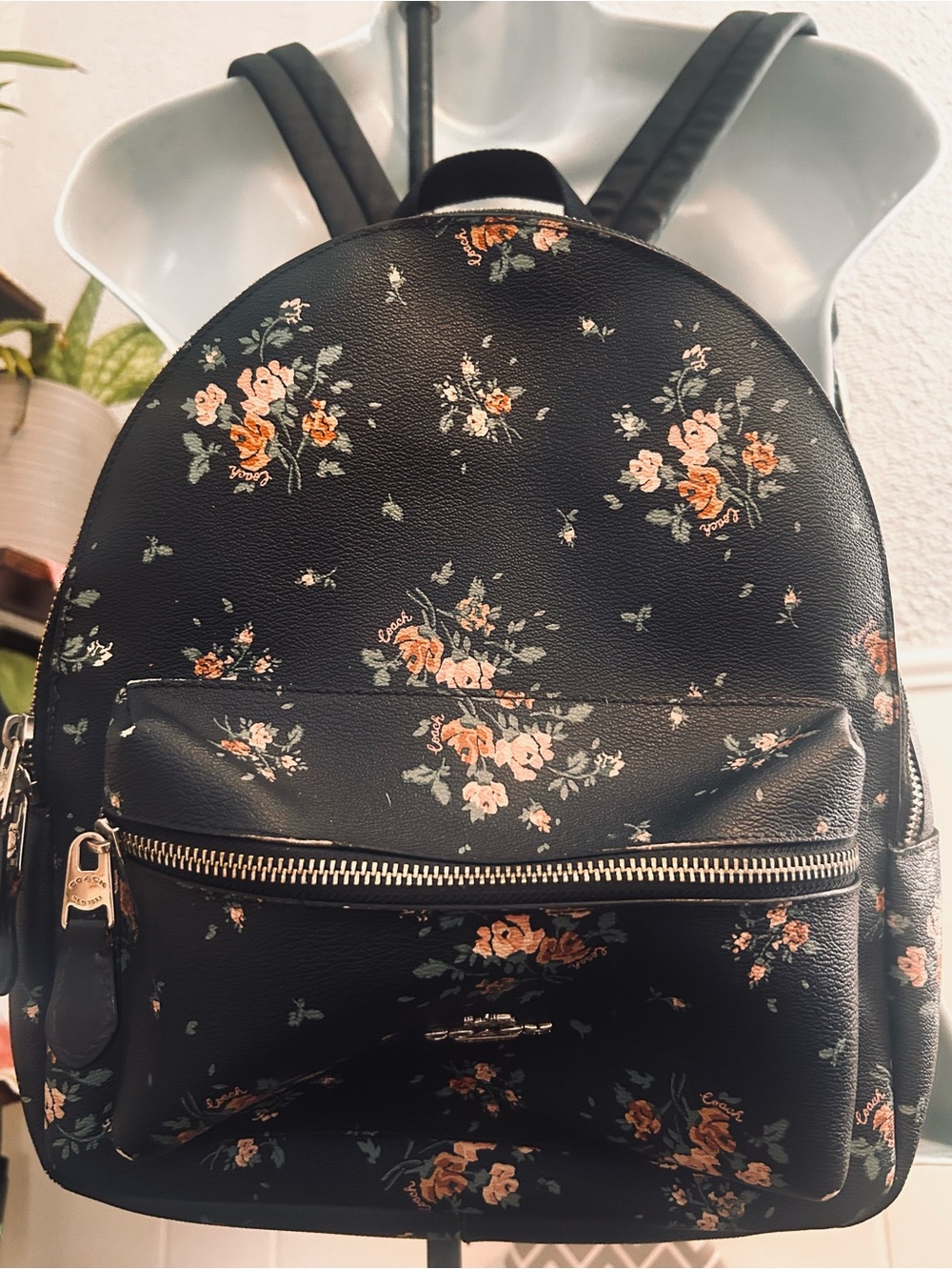 Authentic Coach Floral Print Black Backpack-Used Condition